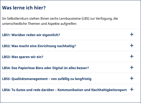 Überblick über die Lernbausteine im Selbstlernkurs vhs goes green